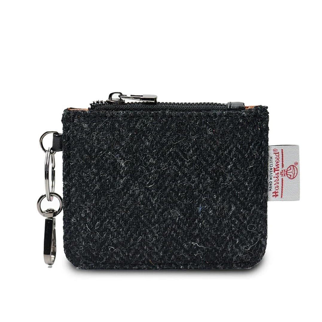 9160 The Card Zip Wallet Microfibre Leather And Harris Tweed Black